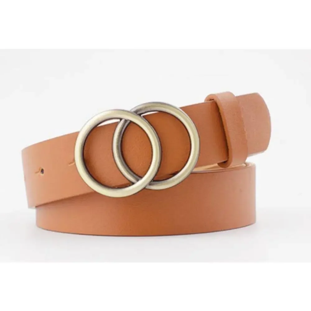Belt Classic Faux Leather Camel Tan Interlocking Circular Metal Buckle 5 Star